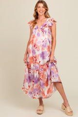 Mauve Floral Ruffle Accent V-Neck Maternity Maxi Dress