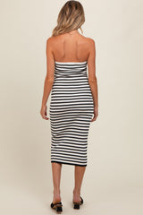 White Striped Knit Strapless Maternity Midi Dress