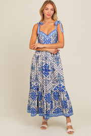 Blue Printed Sweetheart Neckline Shoulder Tie Maxi Dress