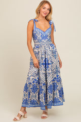 Blue Printed Sweetheart Neckline Shoulder Tie Maxi Dress