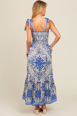 Blue Printed Sweetheart Neckline Shoulder Tie Maxi Dress