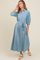 Blue Floral Embroidered Button Down Chambray Maternity Maxi Dress