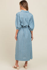 Blue Floral Embroidered Button Down Chambray Maxi Dress