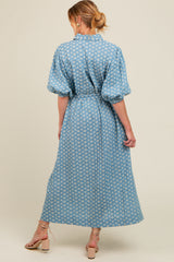 Blue Floral Embroidered Button Down Chambray Maternity Maxi Dress