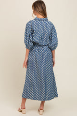 Navy Floral Embroidered Button Down Chambray Maxi Dress