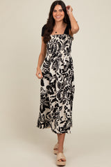 Black Floral Smocked Shoulder Tie Midi Dress