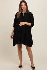 Black Floral Eyelet Puff Sleeve Maternity Dress