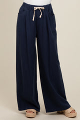 Navy Blue Drawstring Wide Leg Pants