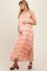 Peach Tie Dye Tie Strap Maternity Midi Dress