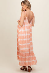 Peach Tie Dye Tie Strap Maternity Midi Dress