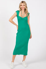 Green Ribbed Cap Sleeve Midi Dress