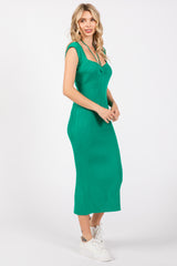 Green Ribbed Cap Sleeve Midi Dress