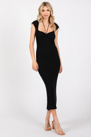 Black Ribbed Cap Sleeve Midi Dress