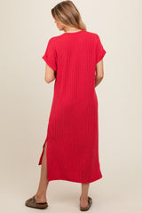 Red Ribbed Short Sleeve Maternity Midi Dress