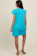 Aqua Front Pocket Line Textured Short Sleeve Dress