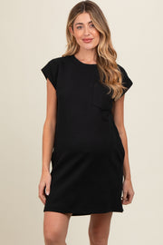 Black Front Pocket Line Textured Short Sleeve Maternity Dress