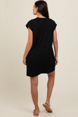 Black Front Pocket Line Textured Short Sleeve Dress