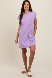 Lavender Front Pocket Line Textured Short Sleeve Dress