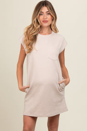 Taupe Front Pocket Line Textured Short Sleeve Maternity Dress