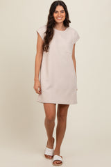 Taupe Front Pocket Line Textured Short Sleeve Dress