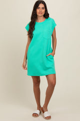 Mint Green Front Pocket Line Textured Short Sleeve Maternity Dress