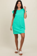 Mint Green Front Pocket Line Textured Short Sleeve Dress