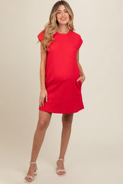 Red Front Pocket Line Textured Short Sleeve Maternity Dress