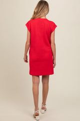 Red Front Pocket Line Textured Short Sleeve Maternity Dress