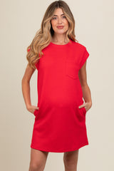 Red Front Pocket Line Textured Short Sleeve Maternity Dress