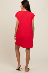 Red Front Pocket Line Textured Short Sleeve Dress