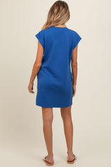 Royal Blue Front Pocket Line Textured Short Sleeve Maternity Dress