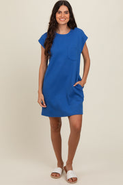 Royal Blue Front Pocket Line Textured Short Sleeve Dress