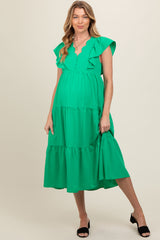 Green Flutter Sleeve Tiered Maternity Midi Dress