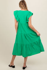 Green Flutter Sleeve Tiered Maternity Midi Dress