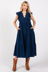 Navy Flutter Sleeve Tiered Midi Dress