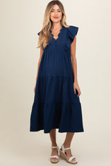 Navy Flutter Sleeve Tiered Maternity Midi Dress