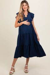 Navy Flutter Sleeve Tiered Maternity Midi Dress