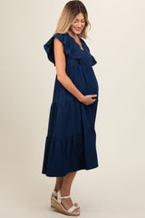 Navy Flutter Sleeve Tiered Maternity Midi Dress