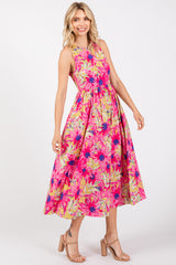 Pink Floral Sleeveless Smocked Back A-Line Midi Dress