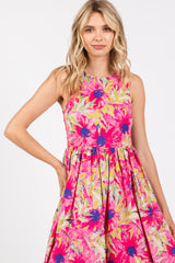 Pink Floral Sleeveless Smocked Back A-Line Midi Dress