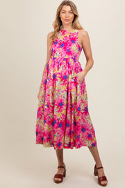 Pink Floral Sleeveless Smocked Back A-Line Maternity Midi Dress