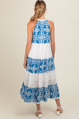 Blue Printed Eyelet Tiered V-Neckline Sleeveless Maternity Dress