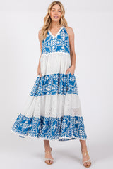 Blue Printed Eyelet Tiered V-Neckline Sleeveless Dress