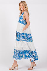 Blue Printed Eyelet Tiered V-Neckline Sleeveless Dress