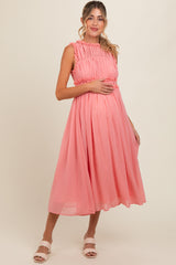 Coral Chiffon Ruched Lettuce Edge Ruffle Maternity Midi Dress