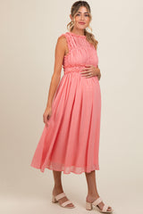 Coral Chiffon Ruched Lettuce Edge Ruffle Maternity Midi Dress