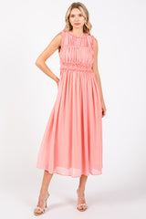 Coral Chiffon Ruched Lettuce Edge Ruffle Midi Dress