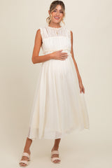 Cream Chiffon Ruched Lettuce Edge Ruffle Maternity Midi Dress