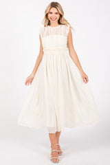 Cream Chiffon Ruched Lettuce Edge Ruffle Midi Dress