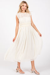 Cream Chiffon Ruched Lettuce Edge Ruffle Midi Dress